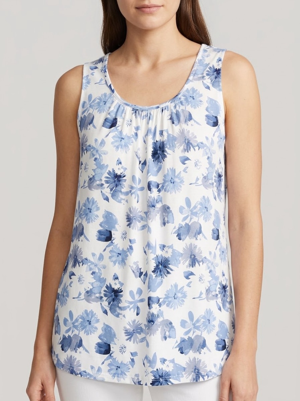 Company Ellen Tracy Size L Blue White Floral Scoop Neck Tank Top NWT